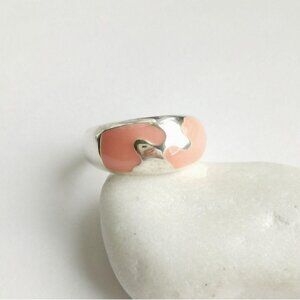 Peach Enamel mosaic dome band Ring Sterling Silver size 6